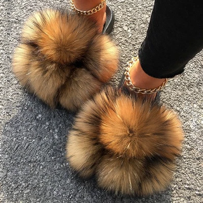 Real Farm Fox Racc00n Fur Slippers Pom Pom Slides Flip Flops Women's Sandals D8 - Image 1 of 4