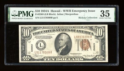 DBR 1934-A $10 FRN Hawaii LB Block Fr. 2303 PMG 35 Serial L51170309B - Image 1 of 2