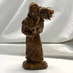 Wooden Statue Hand-Carved Peasant Woman Carrying Bundle Firewood Lithuanian - Picture 1 of 19