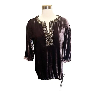 AA8 Garnet Hill Velour Tunic Drawstring Silk Blend Sequins Sz 10 — 第 1/4 张图片