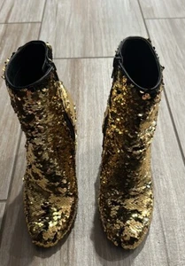 Steve Madden Georgia GOLD SEQUIN Block Heel Ankle Boots Bootie - Picture 1 of 8