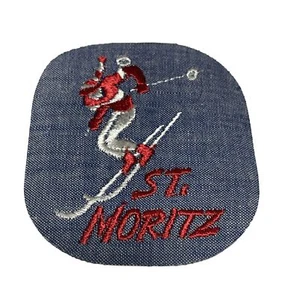 "Vintage St. Moritz Skifahrer Denim Nähen Aufbügeln Bestickter Aufnäher rot 4"" x 3""" - Bild 1 von 5