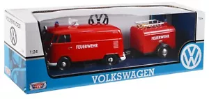 Combi Volkswagen T2 Pompier + remorque 1/24 Motormax Voiture Diecast 79671 - Foto 1 di 5