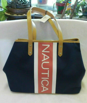 Bolso de Mano Nautica XL NUEVO CON ETIQUETAS Multicolor Lona e Imitación Cuero 18.5" X 12" Correa Caída 10" Foto 1 de 4
