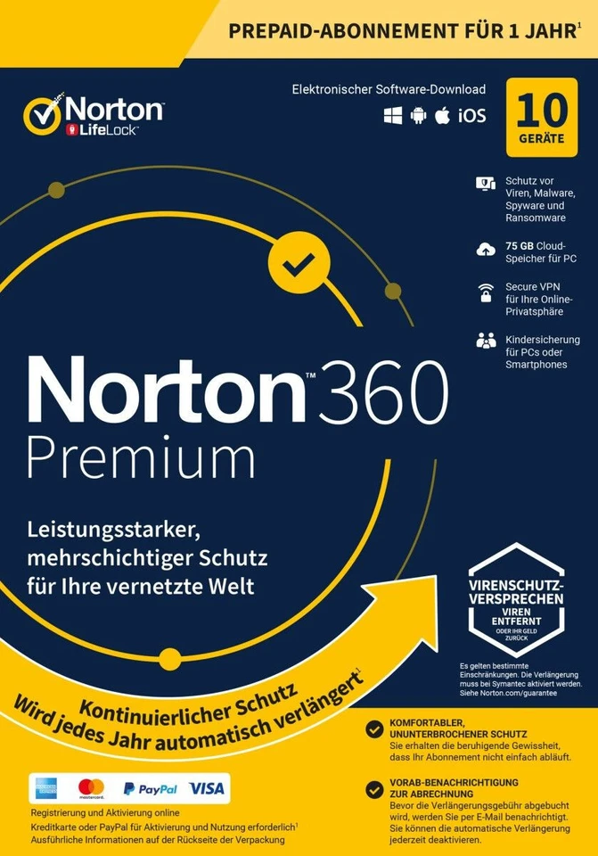 NORTON 360 PREMIUM 10 Geräte PC MAC MOB 1 Jahr Year Cloud ABO DIREKT MAIL @GWC - Bild 1 von 1