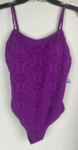 CATALINA Swimsuit One-Piece Women's LARGE Crochet Overlay Orchid Burst Color NEW - Picture 1 of 7