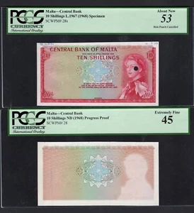 Malta 2 Notes 10 Shillings 1967(ND 1968) P28s Specimen/Proof Grade 45/53 - Picture 1 of 2