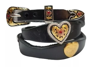FASCIA Scalloped PELLE Nera con Argento + Oro CUORE CONCHO e Fibbia - Foto 1 di 17