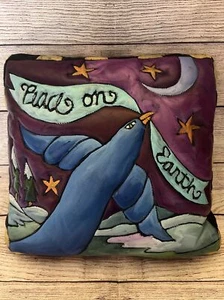 STICKS Handmade Painted Leather Pillow Christmas Peace On Earth Bird 13x13” - Picture 1 of 8