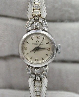 ETERNA-MATIC 14K БЕЛОЕ ЗОЛОТО НЕДВИЖИМОСТИ ВИНТАЖНЫЙ БРИЛЛИАНТ ЧАСЫ  - Изображение 1 из 4