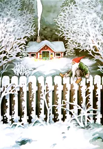 AK Kunsthütte Tomte Zwerghütte Wälder Zaun Schnee Nacht Inge Look Finnland - Bild 1 von 1