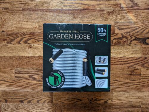 Metal Garden Hose 50ft, Heavy Duty Stainless Steel w/ 10 Function Nozzle New
