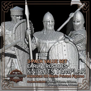 Crusader Knight Templar 3-Pack 1 - 3D Printed Model Figure - Scale 90mm to 300mm - Picture 1 of 22