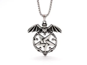 Stainless Steel Mens Gothic Wiccan Satanic Pentagram Bat Pendant Necklace - Bild 1 von 5