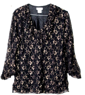 WORTHINGTON TUNIC BLOUSE ladies size 1X black gold glitter floral 3/4 sleeve - Image 1 of 4