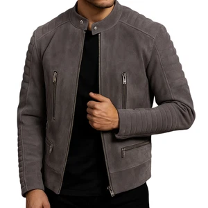 Men's Suede Leather Jacket Biker Gray Colour Casual Real Sheepskin Suede Coat - Picture 1 of 5