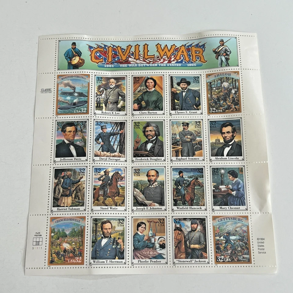 Лист марок США времен гражданской войны 1861 32 цента бесплатная доставка Роберт Ли - Изображение 1 из 1