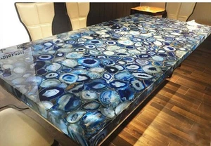 Blue Agate Gemstone Dining Table, Hanmdade Furniture, Agate Countertop Table Dec - Picture 1 of 3