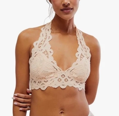 FREE PEOPLE Galloon Lace Halter BRA NWT FP Peach Bralette Size L NWOT - Image 1 of 4