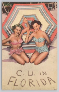 Linen Postcard C U In Florida Bathing Beauties Women in Bikinis Pinup - Picture 1 of 2