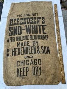 Vintage Herendeen’s Bread Enhancer 140 Lb Burlap Flour Bag Sack Chicago - Picture 1 of 5