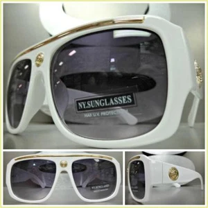Men CLASSIC RETRO HIP HOP RAPPER Style SUNGLASSES Large Thick White & Gold Frame - Picture 1 of 7