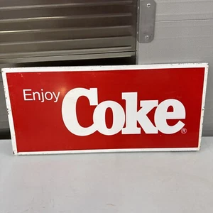 1980’s Coca Cola Sign Enjoy Coke 22”x10" Metal Sign Coke Cooler Stand Banner 10 - Picture 1 of 12