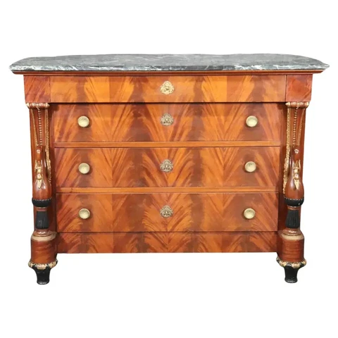 Flame Mahogany French Empire Gilded Swan Marble Top Commode Cover