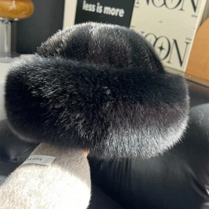 Women's Real Mink Fur Hat Bucket Hat Bowler Hat Outdoor Warm Cap W Fox Fur Brim - Picture 1 of 25