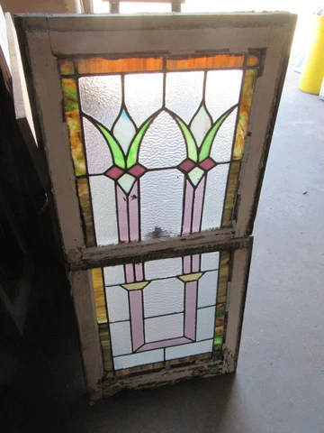 ~ ANTIQUE STAINED GLASS WINDOWS ~ TOP AND BOTTOM SET ~ ARCHITECTURAL SALVAGE Cover