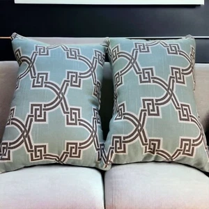 2 Handmade Indoor Outdoor Pillows Blue Gray Geometric Design 15" x 11" New - Picture 1 of 3