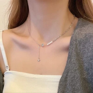 Eight-Pointed Star Simulated Diamond And Pearl Pendant Necklace For Women Girls - Picture 1 of 7