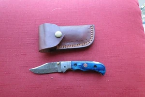 Beautiful Damascus folding blade knife blue wood Stocks leather sheath hand made - Picture 1 of 5