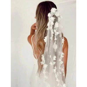 New 39 in Floral Pearl Lace Ivory Off-White Long Wedding Bridal Veil Length - Picture 1 of 5
