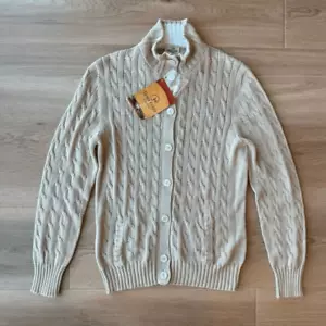Maglione cardigan grande cotone kaki beige tre forchette ranch $400 nuovo con etichette - Foto 1 di 9