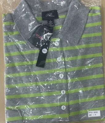 NUEVO CON ETIQUETAS Mujeres Manga 3/4 Cuello Camiseta Polo Gris Lima Rayas Algodón Talla S Foto 1 de 4