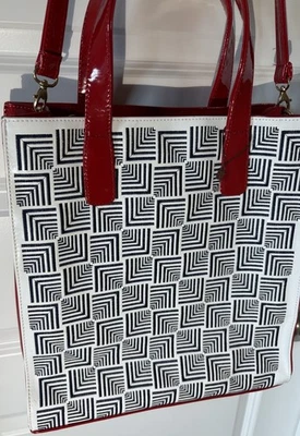 Bolso de Mano Riccaldi Rojo Imitación Patente Azul Marino Blanco Geométrico Bolso de Trabajo Laptop Grande Foto 1 de 4