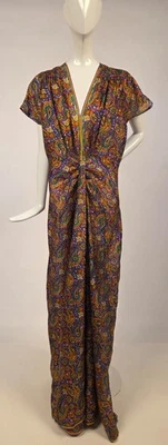VINTAGE 1940’S THINNEST PAISLEY PRINT SILK LONG DRESS W TWISTED FRONT - Image 1 of 4