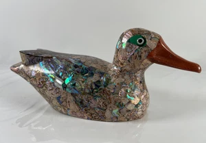 Statuina d'anatra vintage tassellata abalone stile conchiglia intarsiata, non marcata - Foto 1 di 10