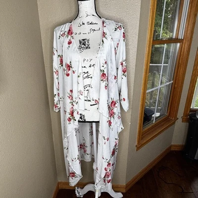 LuLaRoe Kimono Womens Large White Pink Floral Open Front Lightweight Duster Robe - Image 1 of 4
