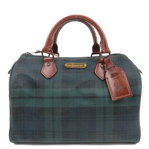 Authentic Polo Ralph Lauren Plaid Boston Bag PVC Leather Navy Green F/S - Picture 1 of 18