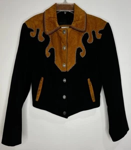 Vintage West of Santa Fe Damen schwarze Jacke braun Leder Nieten USA Größe 6 - Bild 1 von 12