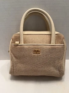 Etienne Aigner Vintage Jute Double Handle Beige Purse Faux Leather Trim Small - Picture 1 of 9