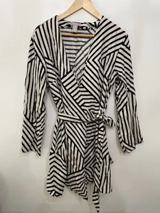 H&M Mini Wickelkleid Leinenmischung gestreift schwarz weiß 3/4 Arm Damen Gr. M - Bild 1 von 10