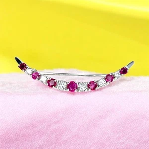 Vintage 14k White gold Natural Round Diamond Red Ruby Crescent Moon Brooch Pin - Picture 1 of 7