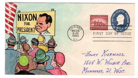 U542 Washington 2 1/2c Entire 1960 FDC Herman Maul Hand-Painted Nixon Political Cover