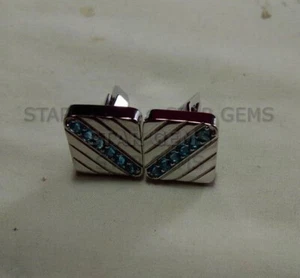 Gemelos de plata esterlina 925 con topacio azul suizo para hombre con piedras preciosas regalos de novios CF34 - Imagen 1 de 3