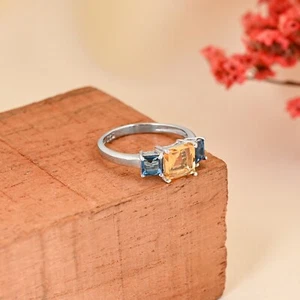 Beautiful Natural Citrine And London Blue Topaz Ring, 925 Sterling Silver Ring - Picture 1 of 9