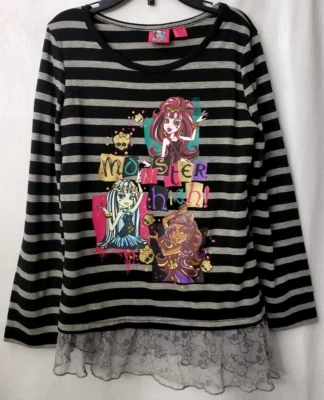 Monster High Long Sleeve T-shirt 7 8 Girl Top Gray Black Stripe Lace Trim School - Image 1 of 4