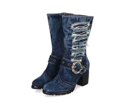 Mujer Jean Bloque Tacones Altos Estrás Media Pantorrilla Denim Punk Bota Zapatos Talla Grande Foto 1 de 4